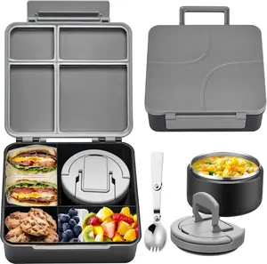 Bento Lunch Box Set for  with 8 oz Soup Thermo, Leakproof Hot  Container with 4 Compartments, Insulated  Jar for   Boys Girls School - Black