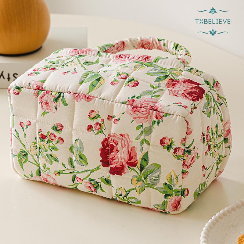 Quilted Fabric Storage Basket with Handles – Boho Foldable Floral Organizer Bin for Home, Picnic, Shopping, Travel