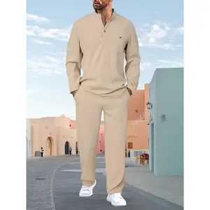 Men'S Solid Color Casual Suit, Long Sleeved Stand Up Collar Shirt And Drawstring Pants Two-piece Set, Suitable For Daily Leisure And Vacation, Worn In Spring And Autumn Seasons | Men'S Solid Color Casual Suit