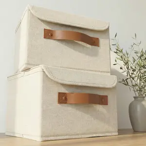 Decorative Linen Storage Boxes with Lids - Spacious Set of 2 Organizer Bins for Your Home Decor - The Perfect Small Container to Safely Store Photos, Documents and Memory Box Keepsakes in Style