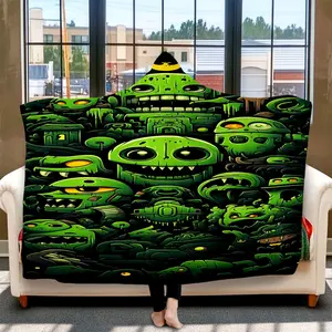 1pc Green Monster Mashup Hooded Blanket for Adults & Teens, Oversized Wearable Poncho, Ultra Soft Flannel, Digital Print, Multi-Color, for Lounging, Gaming, Watching TV, Reading, Camping, Napp, Flannel Throw Blanket
