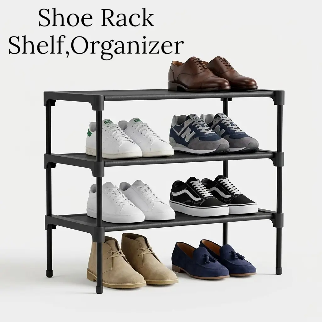 3-Tier Space-Saving Shoe Rack Organizer (28 in Wide) - Stackable Metal-Frame Unit for Entryway, Closet & Dorm Solutions - Lightweight, Sturdy Black or White Home Organizer, Closet Storage, Dust‑Safe