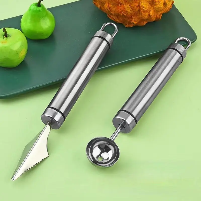 2-Piece Set, Stainless Steel Melon Baller and Fruit Scoop, Multi-Functional Kitchen Gadget Watermelon Meat Carving Tool, Ideal for Fruit Platter Decoration, Utensils
