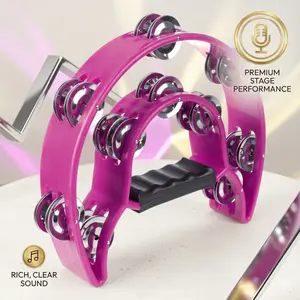 Pink Half Moon Musical Tambourine Double Row Metal Jingles Hand Percussion Drum with Ergonomic Handle for Party and KTV