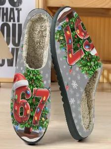 Christmas Number Light Theme Fun Holiday Slippers, Soft Plush Lining, Casual Textile Upper, Fall & Winter Home Wear