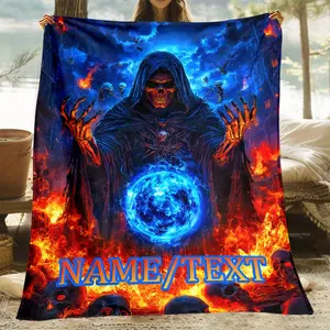 Customizable Luminous Reaper Design Throw Blanket 1pc - Soft Polyester Flannel Fleece, No Electricity Needed, Feather-Free, Perfect for Sofa, Bed, Travel - Personalized Name HD Printed, Cozy Warm Gift for Family or Friends Grim
