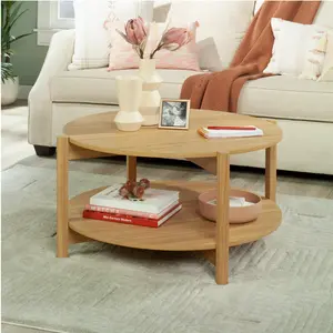 Round Modern Dowel Coffee Table, Natural Teak Finish