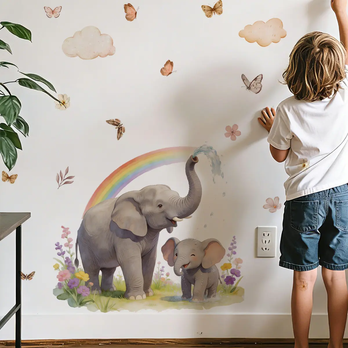 Set of 2 Pcs 30×60cm Watercolor Parent-Child Elephant Wall Stickers Self-Adhesive Stickers for Bedroom & Living Room Home Decor