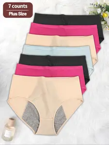 【plus Size】 Solid Color Full Coverage High Waist Period Panty, Soft Breathable Knicker, Breathable Comfortable Period Underwear for Daily Wear, Women's Underwear for All Seasons