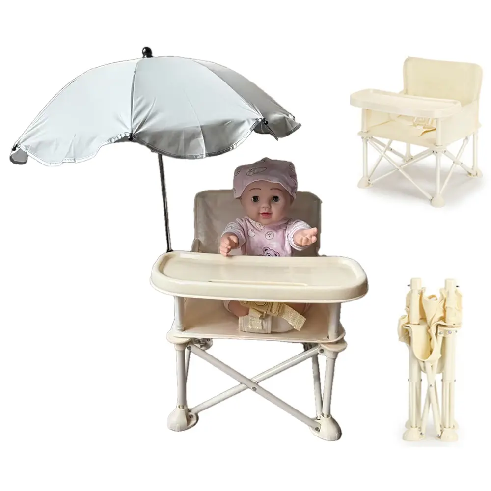 A portable high chair for outdoor camping, featuring an adjustable three-point safety harness and a detachable tray. The seat is constructed with sturdy, reinforced steel tubing. It includes a carrying bag and features a foldable design.