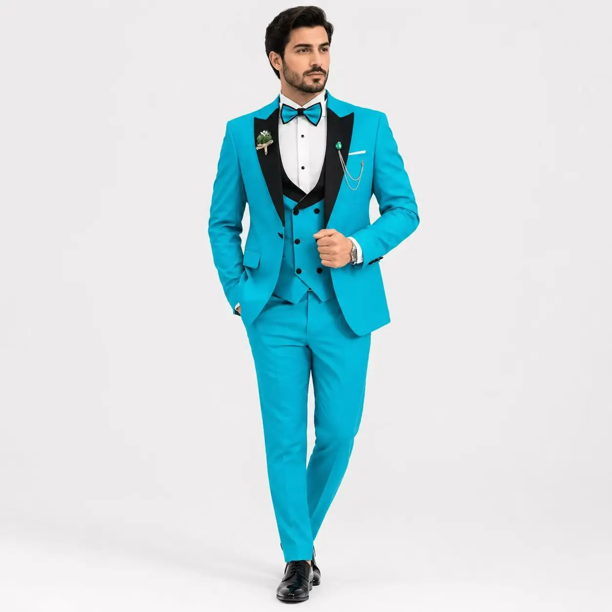Men's Teal Blue & Black 3-Piece Slim Fit Tuxedo with Beige Accent - Formal Wear for Prom, Wedding - Long Sleeve Sports Clothing Set, Menswear