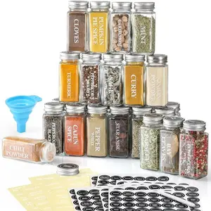 24 Pcs Glass Spice Jars with Labels - 4oz Empty Square Spice Bottles Containers, Condiment Pot - Shaker Lids and Airtight Metal Caps - Silicone Collapsible Funnel Included