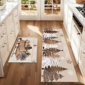 2 Pcs Kitchen Rug Sketch Of A Khaki Christmas Tree Printed Rug Set Farm Kitchen Carpet Dining Room Floor Laundry Room Decorative Carpet Pad Farmhouse Kitchen Rug