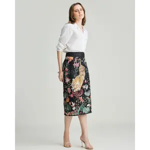 Kayla Midi Skirt - Black Sequin Floral Tiger Print, High Rise, Elegant Back Slit, Perfect for Day-to-Night Wear