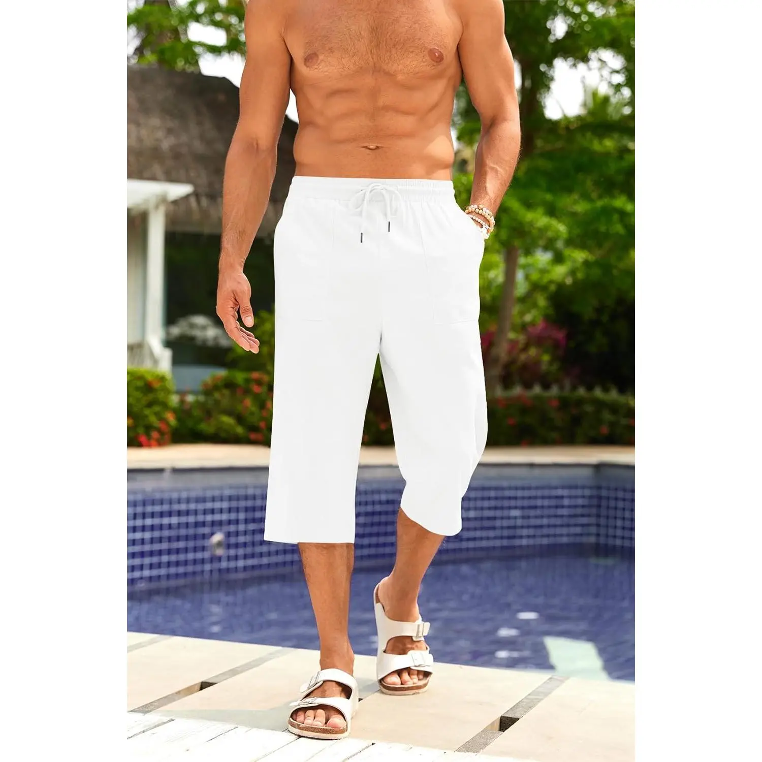 PASLTER Men's Linen 3/4 Capri Pants, Casual Lightweight Elastic Waist Drawstring Bottoms with Pockets, for Beach Outfits, Yoga Menswear Trouser, Plain