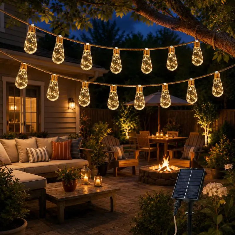 Rawink Outdoor Solar String Lights,26FT 16 Shatterproof Edison Bulbs,Vintage Woven Natural Hemp Rope,Waterproof Warm White Patio Lights,8 Modes for Backyard Garden Pergola Balcony Porch Fence Bistro Cafe