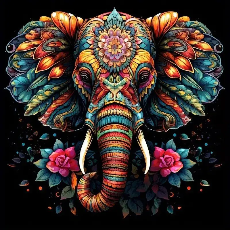 Colorful Elephant & Flower Pattern DIY 5D Diamond Arts Colorful Painting Kit, Decorative Painting without Frame, Wall Art Decor for Living Room