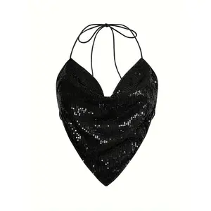 Sequin Halter Neck Cami Top - Scmokonlolizaza Women's V-neck Polyester and Elastane Blend Tank - Back Tie Detail, Solid Color, Slight Stretch, Knit Fabric for Spring/Summer/Fall