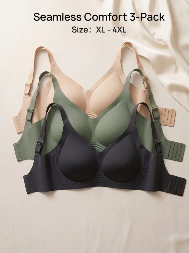3-Pack Plus Size Wireless Anti-Slip Bra for Women 1XL-4XL, Everyday T-Shirt Full Coverage Lift & Jelly Gel Support Comfortable Smoothing Bras