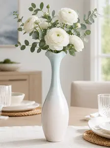 Glossy Ceramic Vase for Flowers, Small Blue White Gradient Decorative Vase for Room Decor, Shelf, Desk, Entryway & Gift
