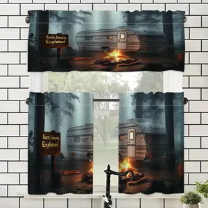 JOYFINITY 1pc or 2pcs Semi-Sheer Window Curtain - Vintage Camping Theme with RV Trailer, Campfire & Trees - Lightweight Polyester Curtain Panel(s) for Kitchen, Living Room, Bedroom, Camping Decor - Modern Rustic Home Decoration