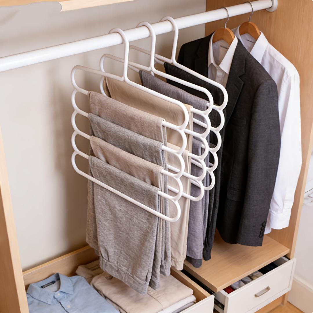 10 Pack 5-Tier Plastic Pants Hanger - Space Saving Closet Organizer with White Hooks, Multi-Functional Hanger for Pants Skirts Scarves, Durable Compact Storage for Apartment