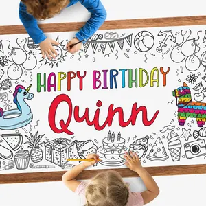 Summer Coloring Poster for Kids' Birthday Party - Custom Name on Happy Birthday Banner - Party Games Supplies - 30x72 Inches Paper - Table Decoration