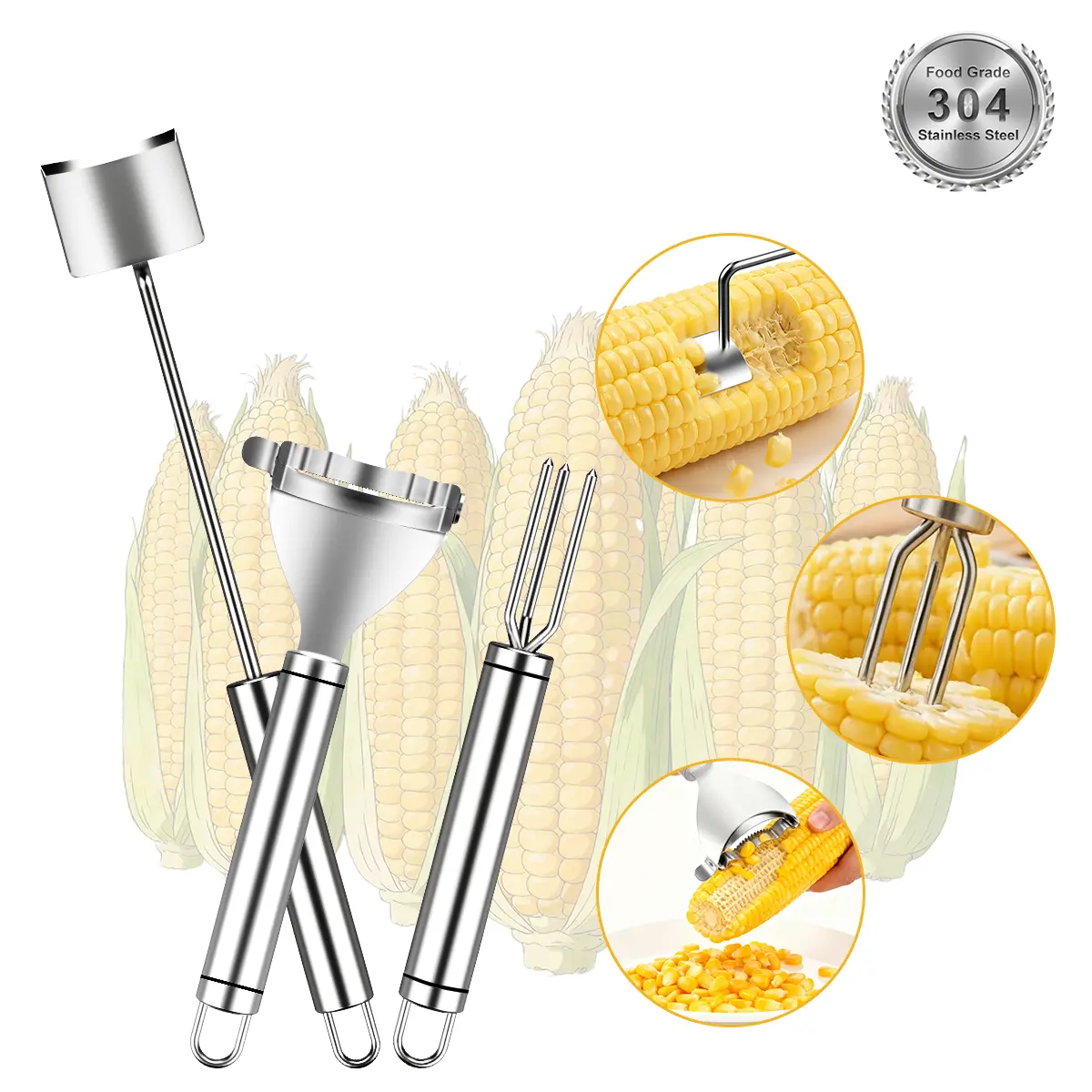 3-Pieces Functional Corn Peeler Set with Hanging Design - Stainless Steel Slicer, Stripper, Holder, Planer, Thresher, Scraper & Cob Separator, Quick-Use Kitchen Utensils for Home & Outdoor Dining