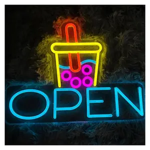 Sign Illuminated Boba Tea Open Neon Sign Commercial Light Wall Decor For Milk Tea Drink Store Fast Food Restaurant Afternoon Tea Party
