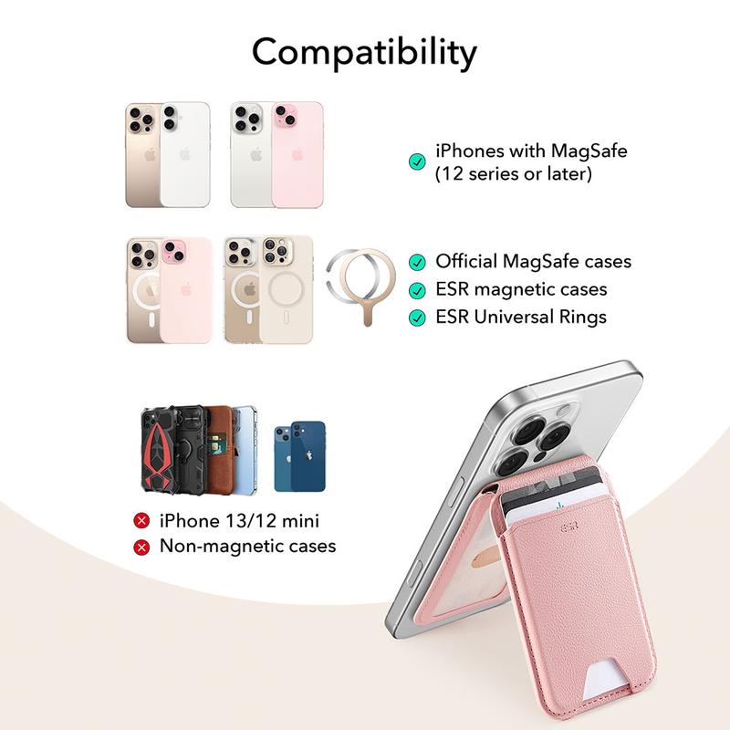 ESR Upgraded Aura for MagSafe Wallet, 5 Card-Holder with Adjustable Stand, Magnetic Wallet for iPhone 17/16/15/14/13/12 Series, Not for iPhone Mini, Vegan Leather, Pink