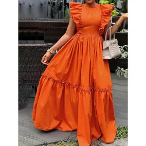 Women'sOrangeRuffle-TrimmedA-LineDress:RoundNeck,CinchedWaist,Polyester-SpandexBlendWomenwendyortizpoolpartyoutfitCasualWearWomenswearCrewneckFabricSolidWovenSummerSpringFittedSleevelessTangerineRedColor
