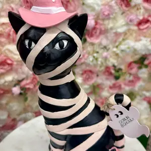Halloween Black Cat Pink Mummy Witch Hat Resin Figurine Statue Prop Decor 12.5"
