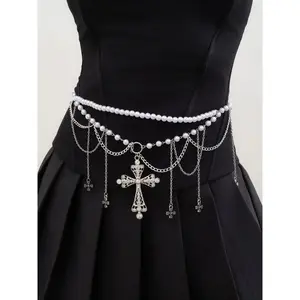 Cross Design Faux Pearl Decorated Tassel Waist Chain,  Fashionable Hollow out Body Jewelry for Women & Girls, for Party, Daily Clothing Decor, Trendy All-match & Exquisite Jewelry for Birthday Gift