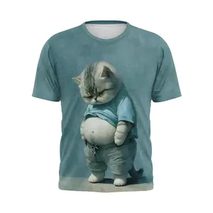 Unisex Cute Chubby Cat in Blue Shirt & Pants Graphic T - Shirt, Ideal for Cat Lovers, Daily Casual Outings, Weekend Hangouts, Pet - Friendly Events, Comfortable Stylish Top for Adults