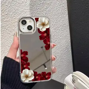 Burgundy and White Floral Mirror Phone Case - Sleek Reflective Protective Cover Phone Case For iPhone 17 16 15 14 13 12 11 PRO PLUS MAX Phone Case #YGJMEHYHUA1