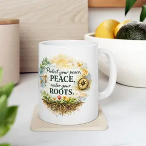 Protect Your Peace with Roots Compass Illustration Mug | Ceramic Coffee Cup