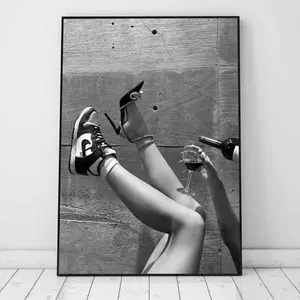 [Sale up to 50%] Artistic Black and White Woman Drinking Wine in Sneaker Graphic Poster, Fade-Resistant High-Res Photo Paper Print, Bar Cart & Girls' Bedroom Hypebeast Wall Decor