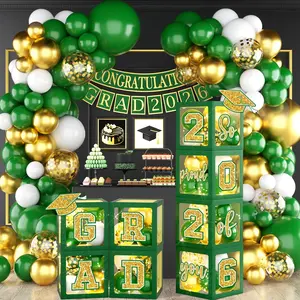 Graduation Decorations Class of 2026, Green and Gold Graduation Decorations 2026, Green Boxes Balloon Arch with Letters So Proud of You Grad 2026 for Memorable College Graduation Party Supplies