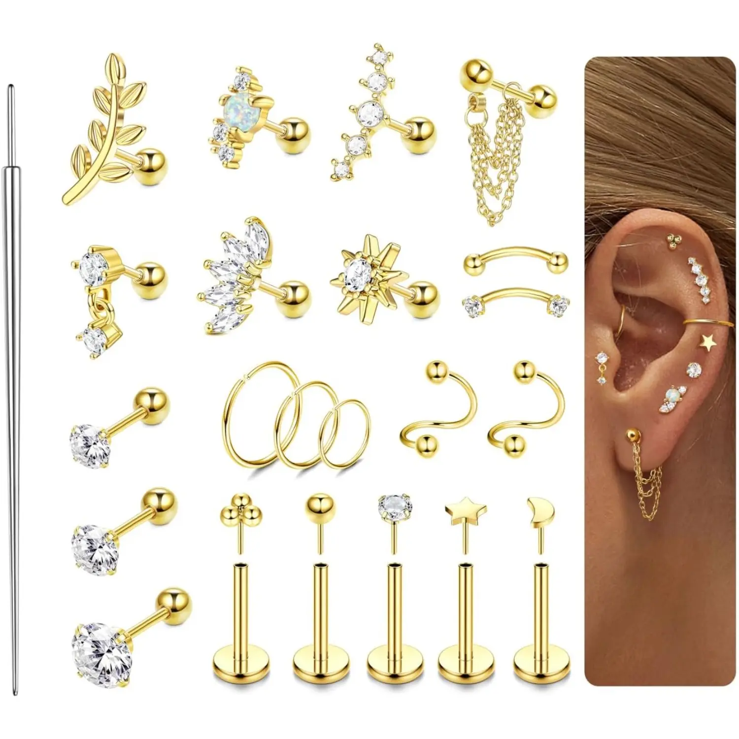 MILACOLATO 16 Gauge Cartilage Earrings for Women-Hypoallergenic Surgical Stainless Steel Tragus Earring Set Threadless Flat Back Earrings Push in Nose Studs Daith Conch Tragus Helix Piercing Jewelry, Cubic Zirconia Inlays