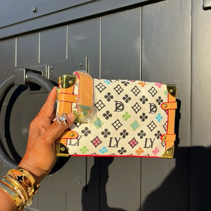 Lux Clutch Purse with Multicolor Monogram Design and Gold Accents for Stylish Women