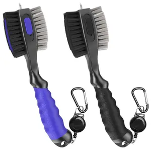 2-piece set of golf club brushes and groove cleaners; multi-functional double-sided golf cleaning brush; retractable zip-lock carabiner-style golf brush head; golf club cleaner with retractable bristles and a comfortable grip