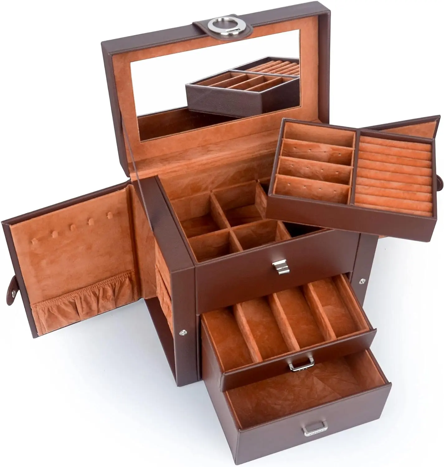 Kendal Jewelry Box for Women, Leather Jewelry Organizer with 2 Drawers and Mirror, Portable Travel Case for Necklace, Ring, Jewelry LJC08BRN Gift Compartment Glass