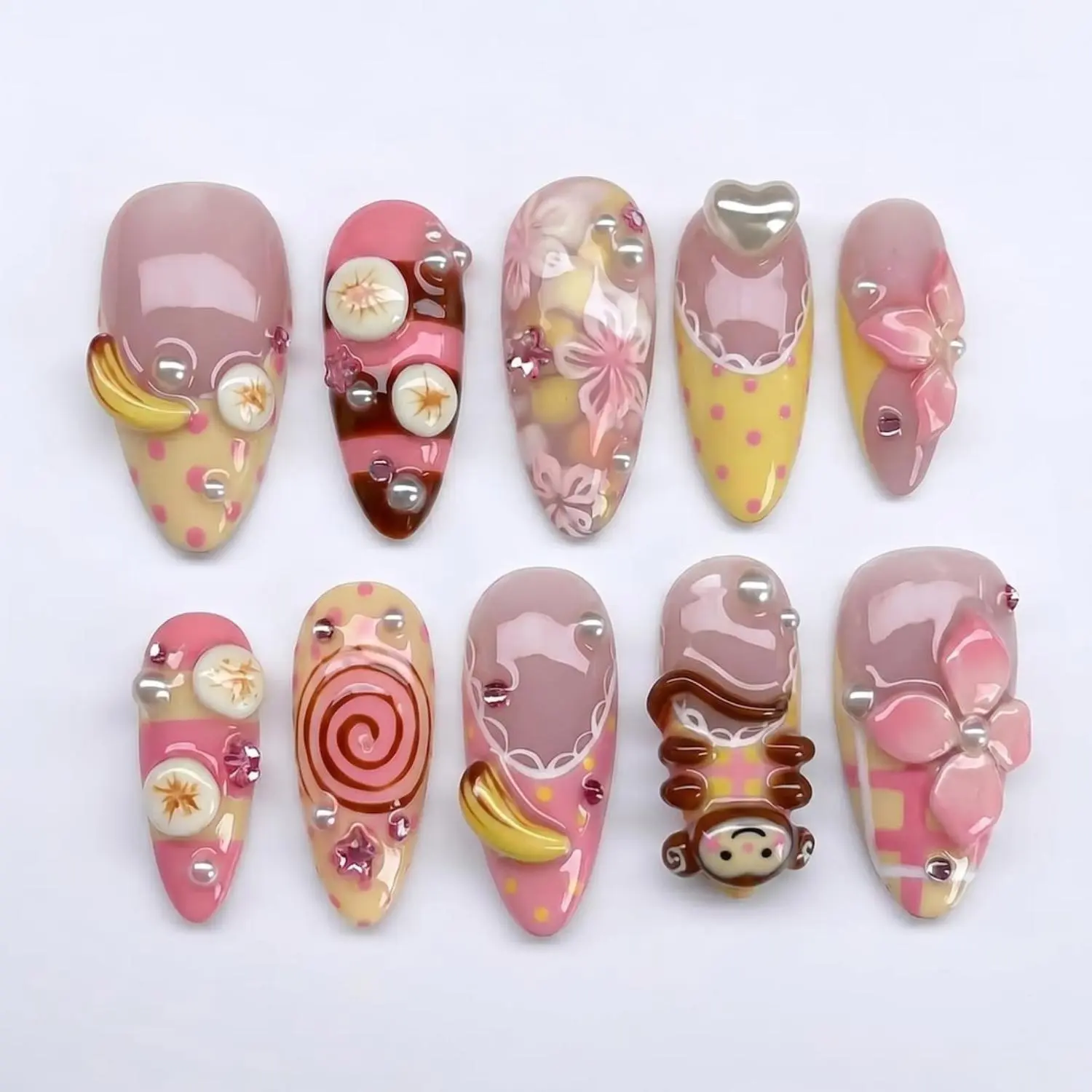 Sweet Banana Coquette Press-On Nails, Soft Pink and Butter Yellow Dessert Design, 3D Ribbon and Banana Details, Candy Swirl Accent, Glossy Kawaii Holiday Nail Art Set
