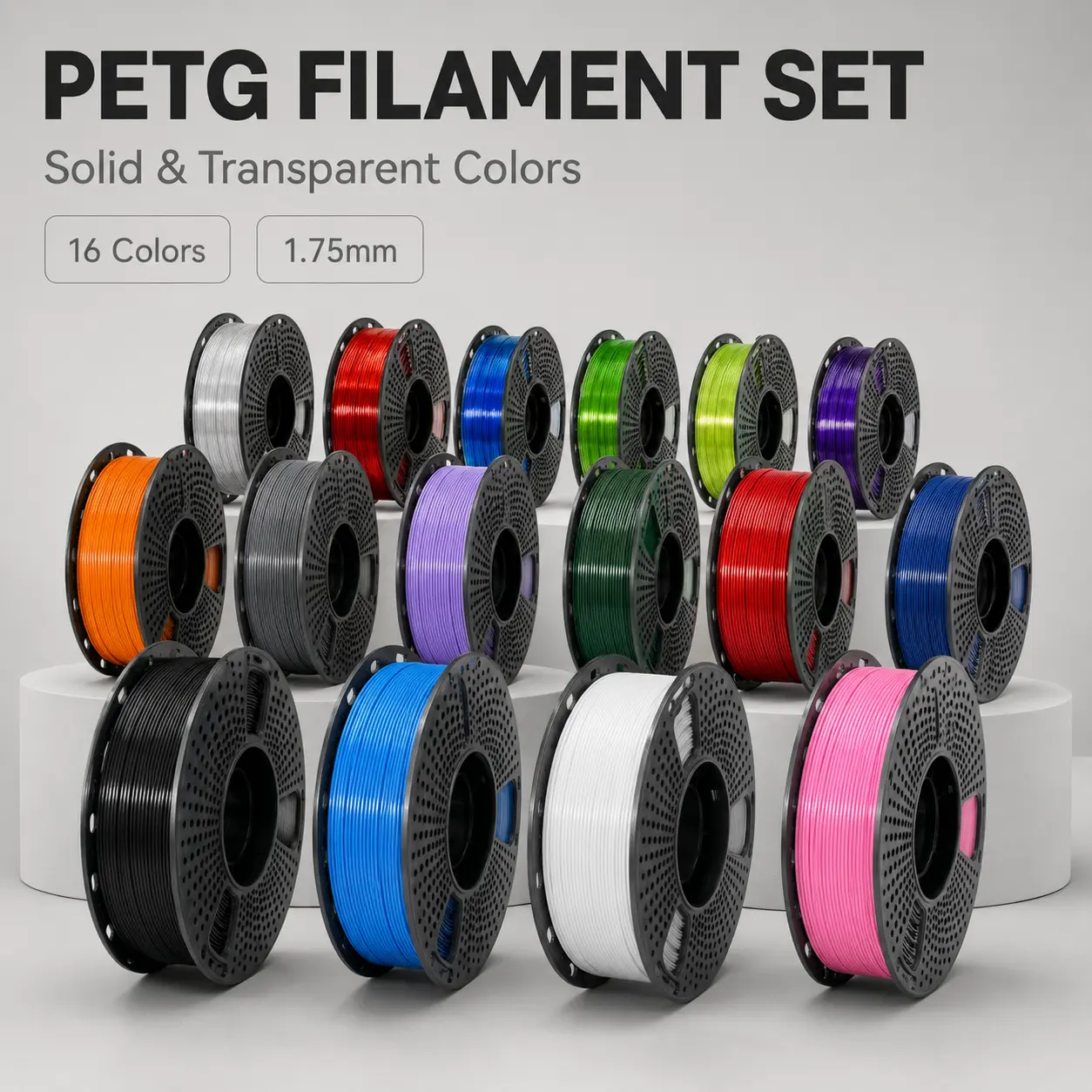 16-Color PETG 3D Printer Filament Bundle - 1.75mm Solid & Transparent High Toughness FDM Material for FDM Printers, Print Tools Compatible with Dimensional Accuracy Support