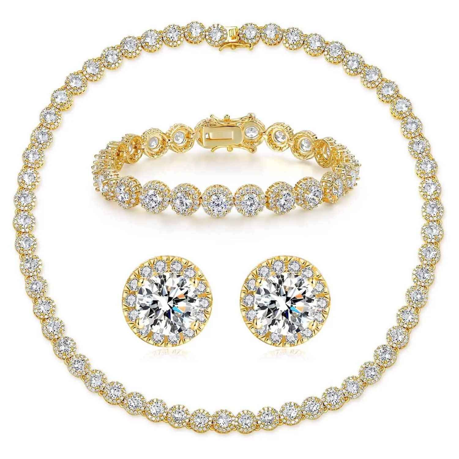 MDFUN  CZ Tennis Necklace Bracelet Earrings Set Unisex Shiny Jewelry Gift for Women Men Daily Party Wear Jewellery Gift Set