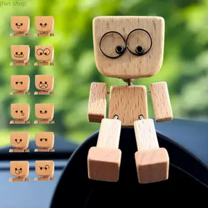 12 Piece Wooden Expression Statue Set Natural Wood Mini Figurine DIY Ornament Leg Shaking Desk Decor with Assorted Discs Carbon Brush Tool for Home Office Daily Decoration