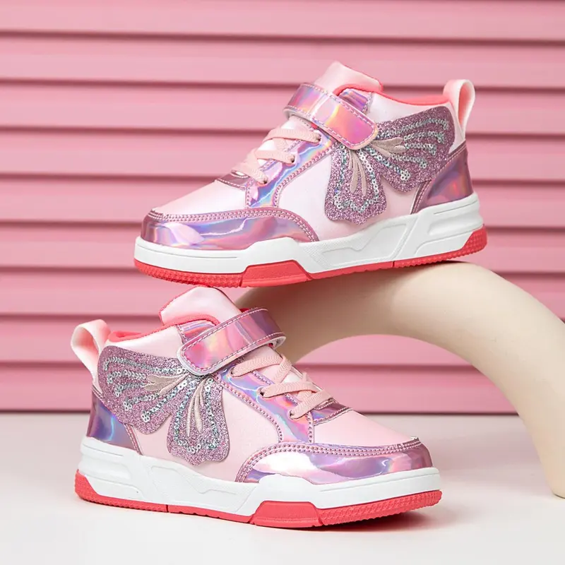 Girls' Cute Girly Butterfly Glitter Low Top Sneakers, Trendy Casual Comfortable Shoes for Kids Daily Wear