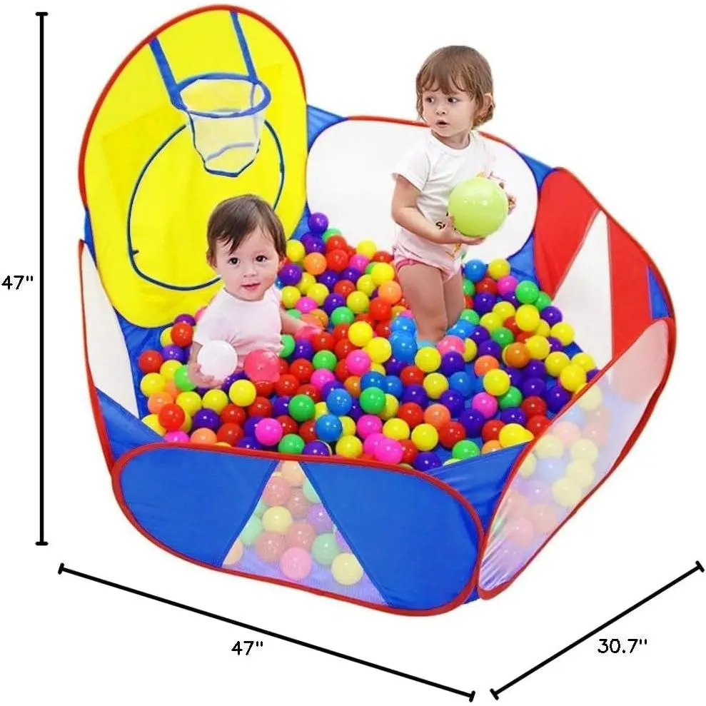Durable 4Ft/120CM Large Pop Up Ball Pit Playpen for Toddlers - Outdoor Playhouse, Baby Crawl Area, Basketball Hoop, Zipper Storage Bag, Santa Embroidered Bubble Romper, Montessori Fine Motor Game, Portable (Blue,Yellow,Red; Balls Not Included)