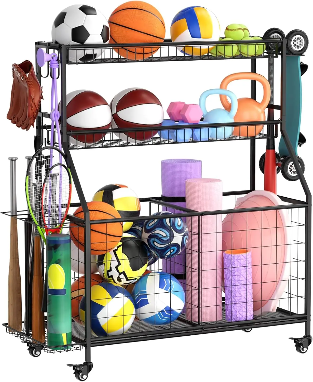 Rolling Sports Equipment Storage Organizer, Metal Garage Sports Gear Organizer with Hooks & Side Slots, Storage Cart for Balls, Bats, Rackets, Helmets, Outdoor Toys