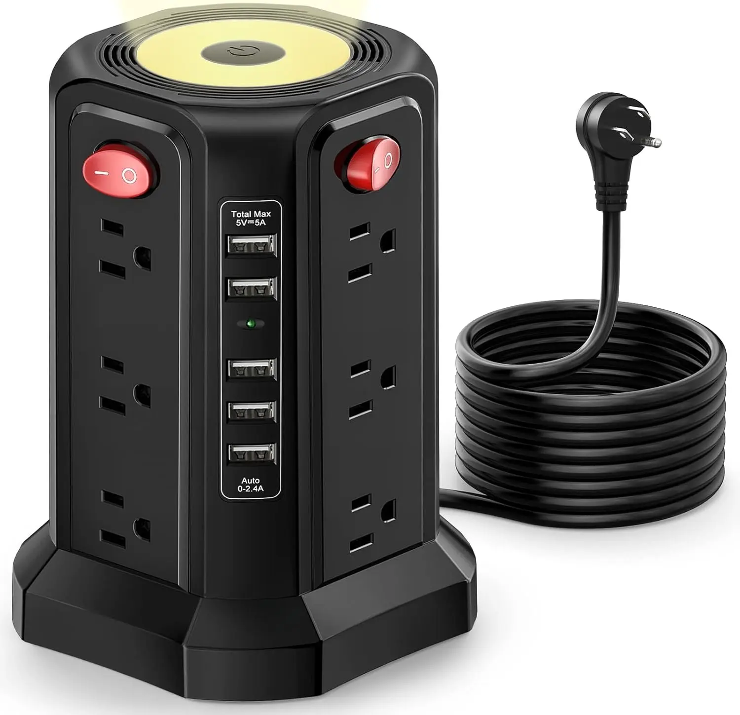 Surge Protector Power Strip Tower with 5 USB Ports and Night Light,10FT Extension Cord with 12 AC Multiple Outlets,  Power Tower Overload Protection for  Office Dorm Room Essentials(Black)